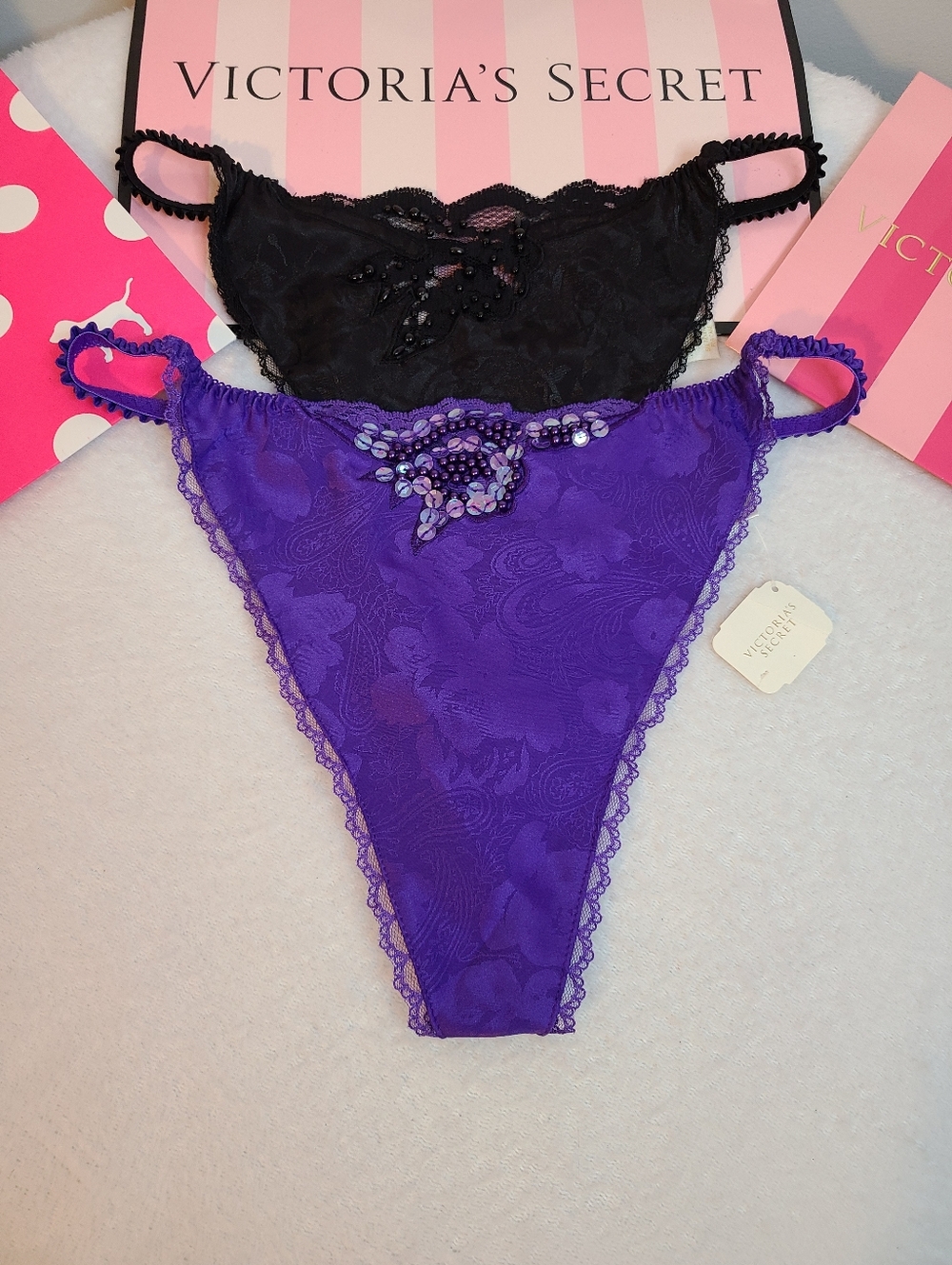 VTG Victoria's Secret 2pk Jacquard Satin Sequin Beaded V-string Thong Panties